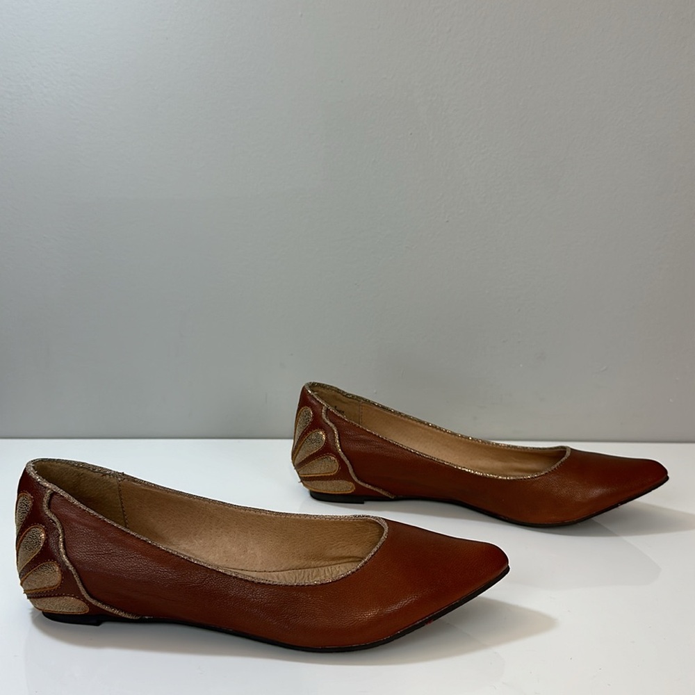 Miz Mooz Chestnut Leather Pointed-Toe Flats with Gold Heel Detail - Picture 2 of 16